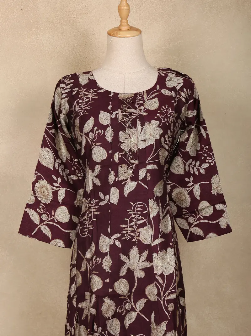 Wine Floral Printed Design Cotton Kurti 2