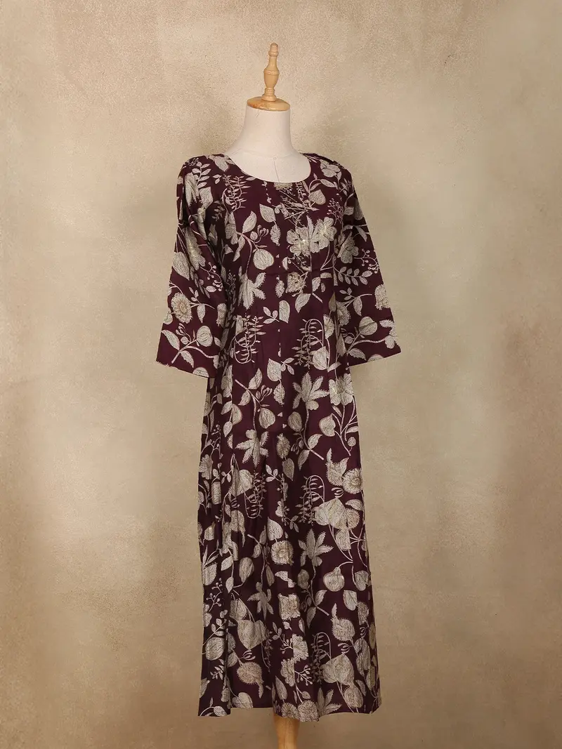 Wine Floral Printed Design Cotton Kurti 4