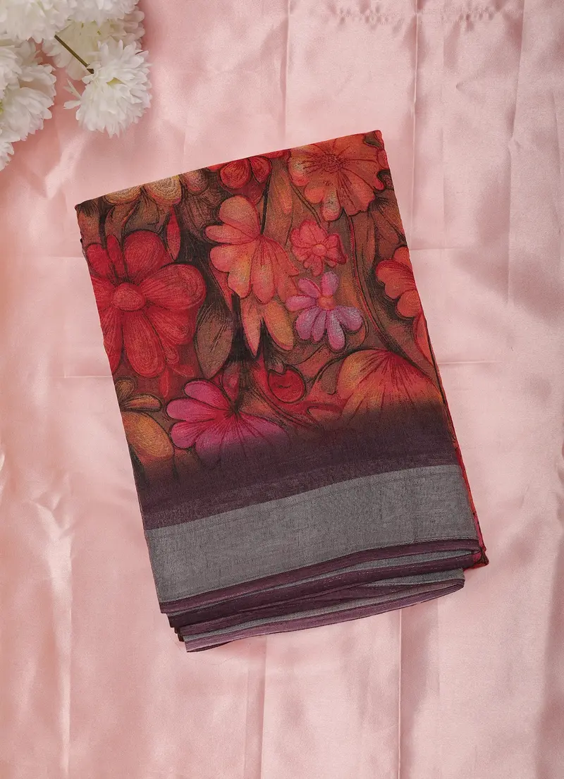 Wine Floral Printed Design Mixed Cotton Saree With Contrast Border 1