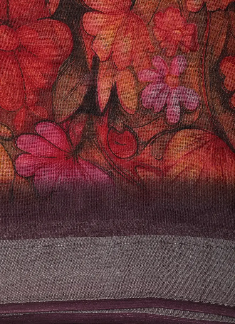 Wine Floral Printed Design Mixed Cotton Saree With Contrast Border 2