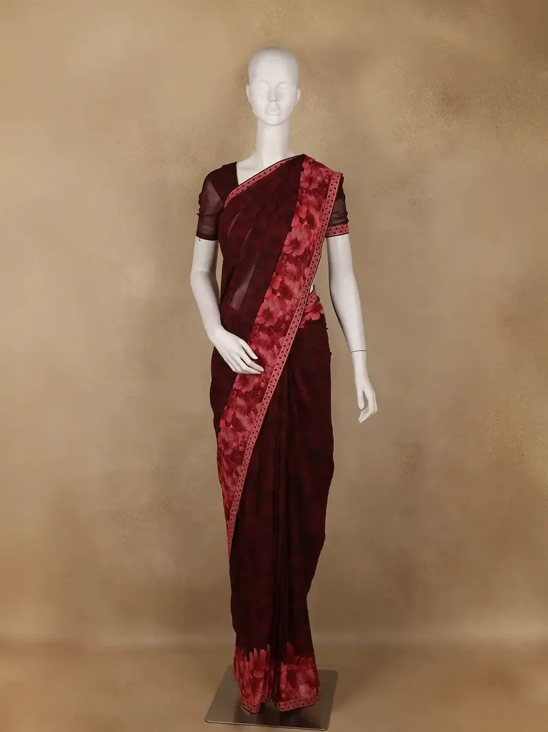 Wine Floral Printed Georgette Saree 1