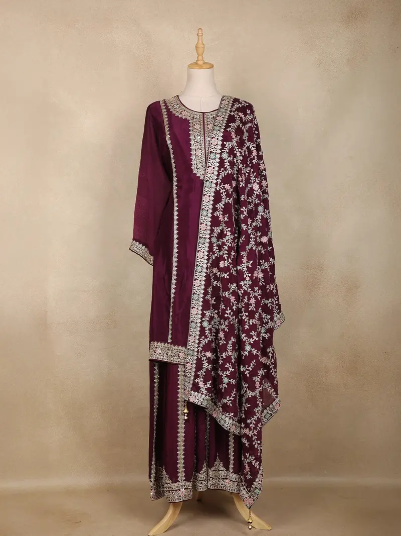 Wine Floral Sequins And Thread Embroidered Georgette Palazzo Suit With Dupatta 1