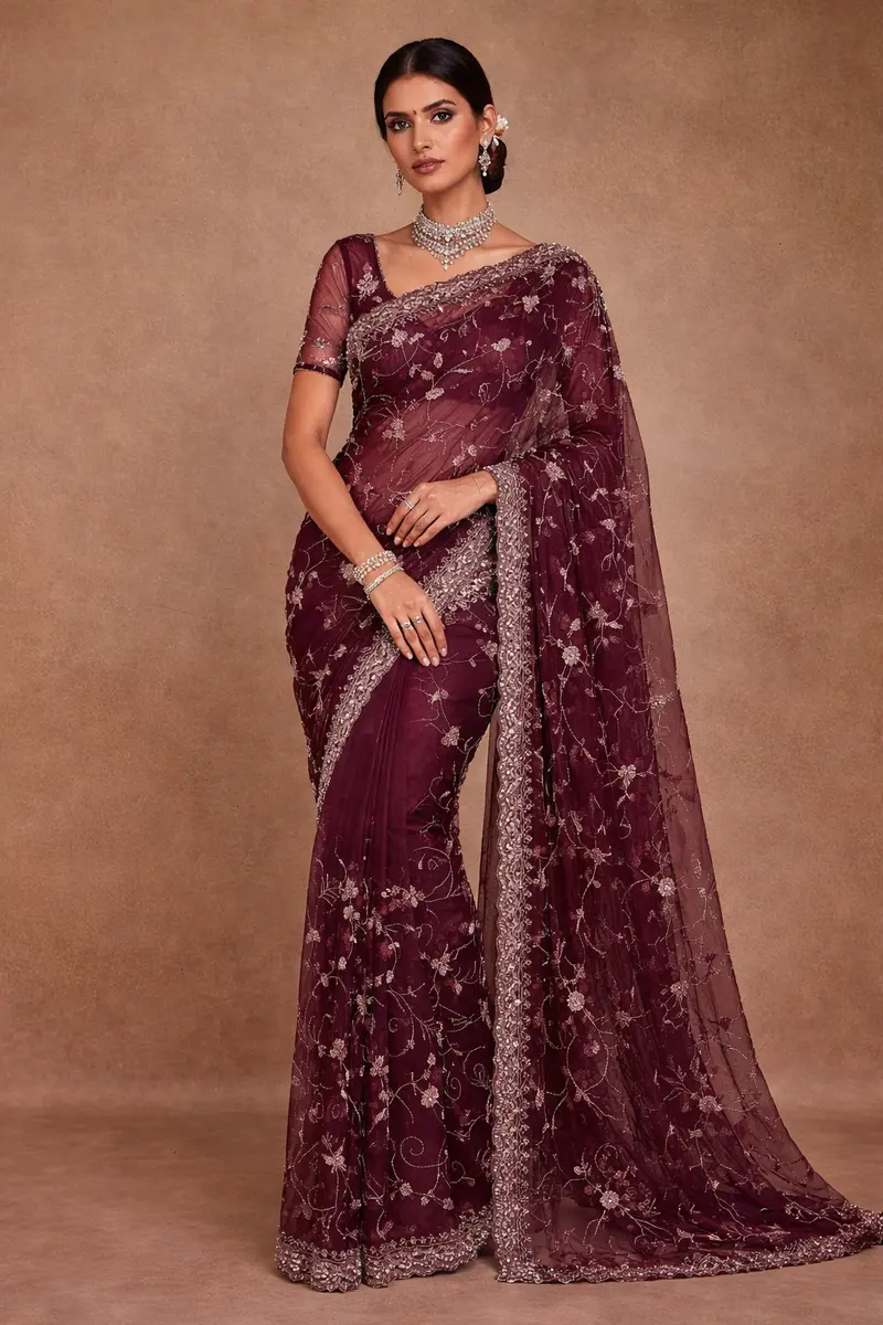 Wine Floral Sequins Embroidered Organza Saree 1