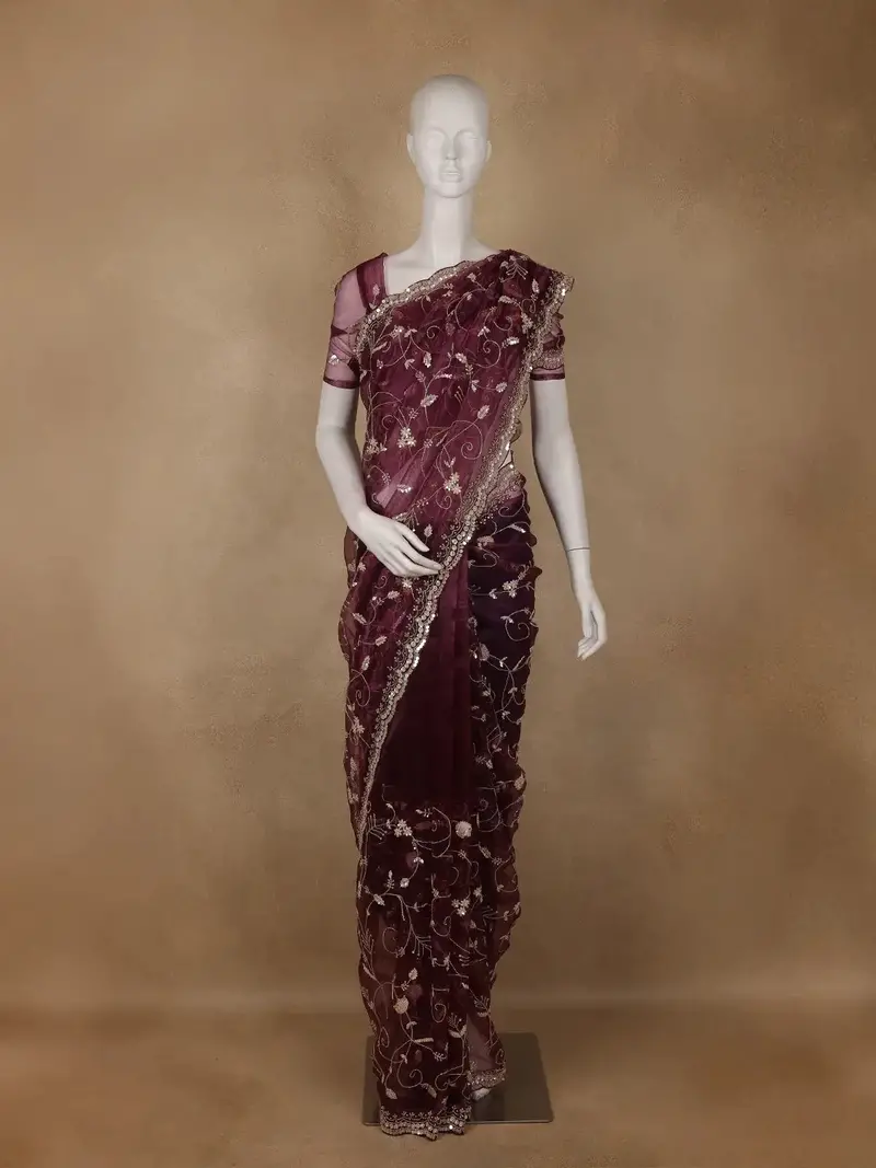 Wine Floral Sequins Embroidered Organza Saree 2