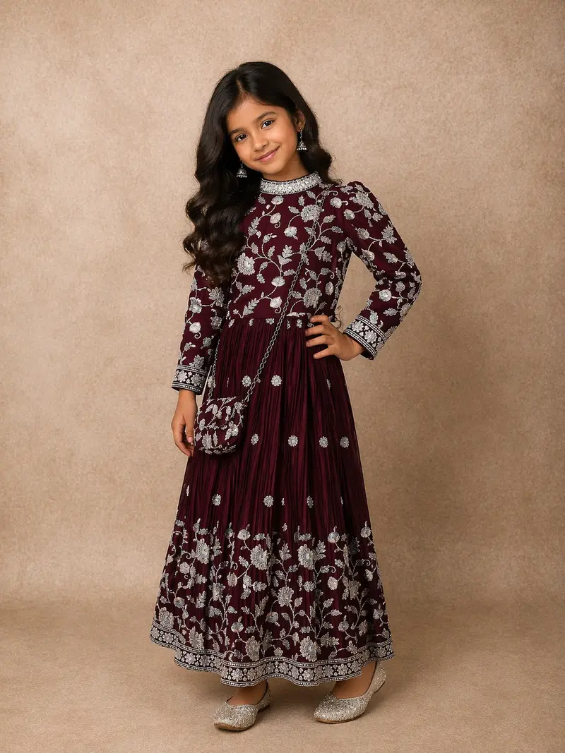 Wine Floral Thread Embroidered Design Chiffon Kids Lehenga With Potli Bag 1