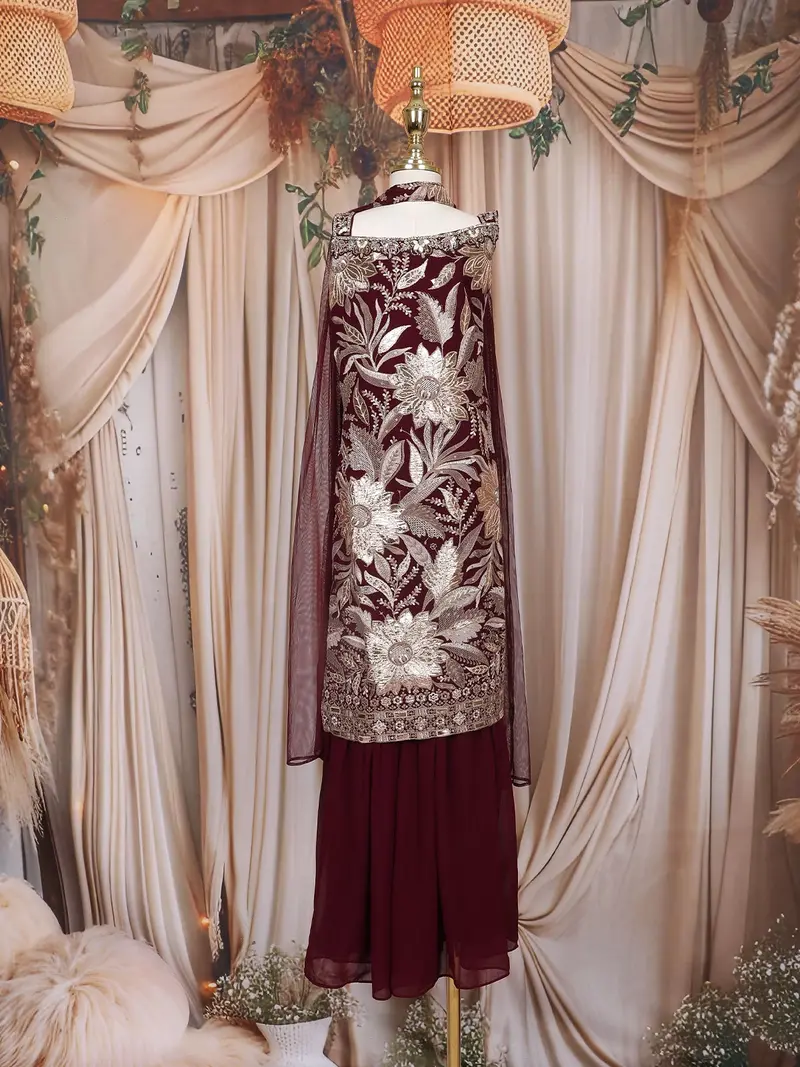 Wine Floral Zari Embroidered Design Georgette Kids Sharara Suit With Dupatta 1