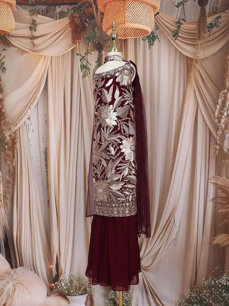 Wine Floral Zari Embroidered Design Georgette Kids Sharara Suit With Dupatta 3
