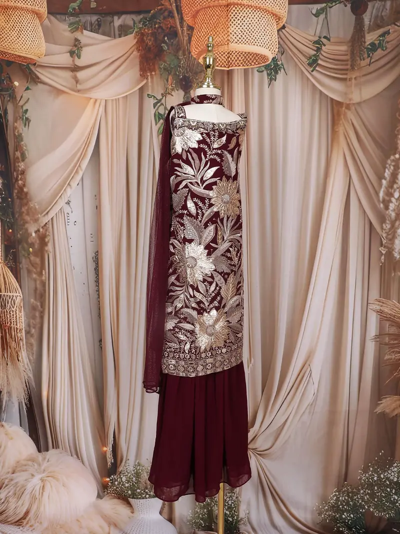 Wine Floral Zari Embroidered Design Georgette Kids Sharara Suit With Dupatta 4