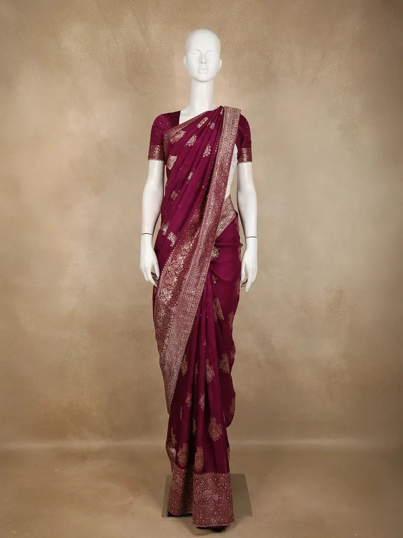 Wine Floral Zari Woven Banarasi Silk Saree With Designer Border 1