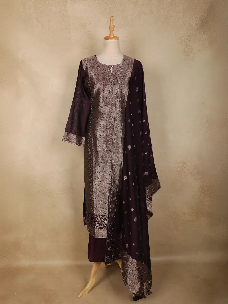Wine Floral Zari Woven Design Silk Straight Suit With Dupatta 1