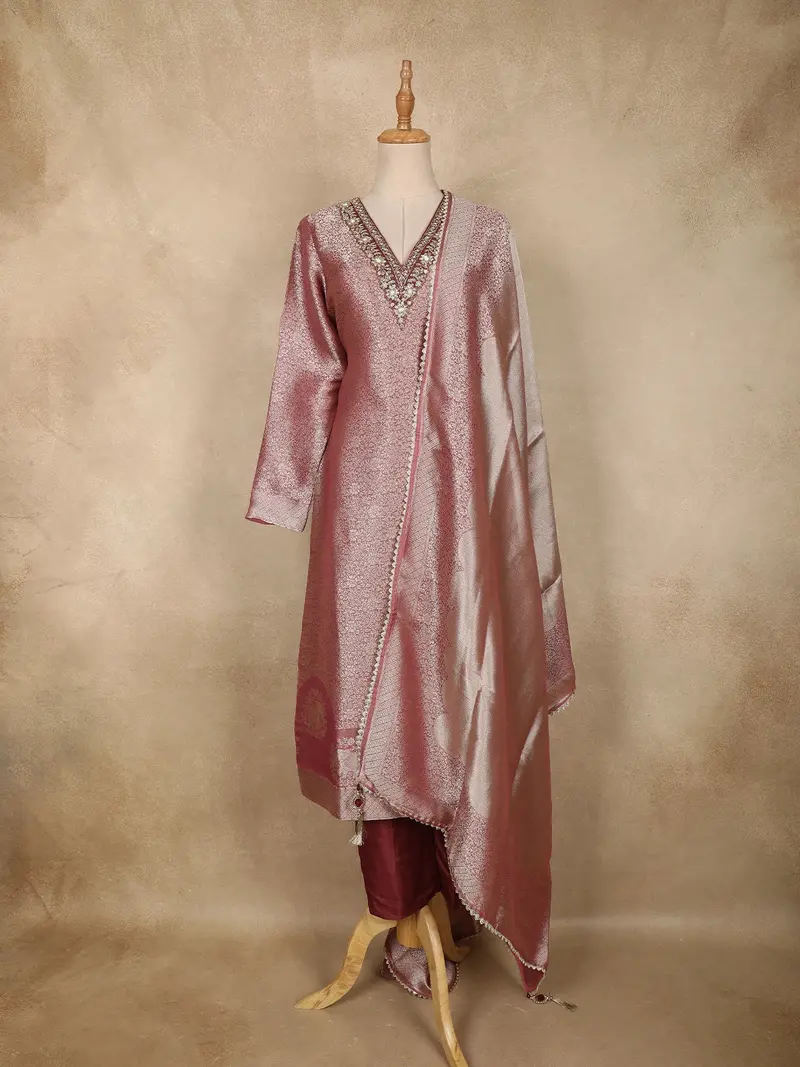 Wine Floral Zari Woven Design Tissue Silk Straight Cut Salwar Suit 1
