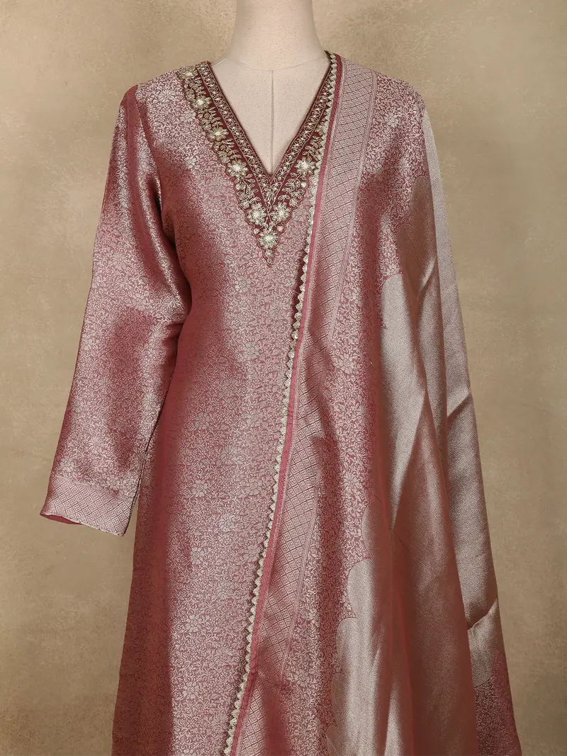 Wine Floral Zari Woven Design Tissue Silk Straight Cut Salwar Suit 2