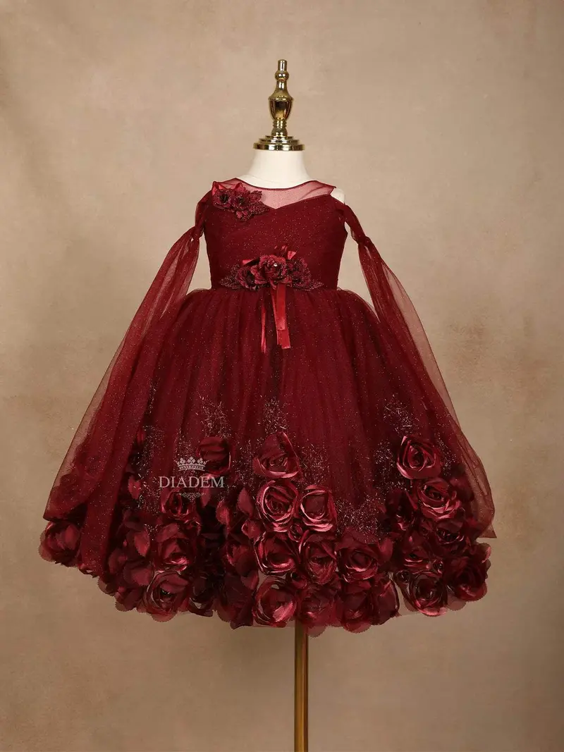 Wine Glitter Net Gown Embellished With 3D Flowers 1