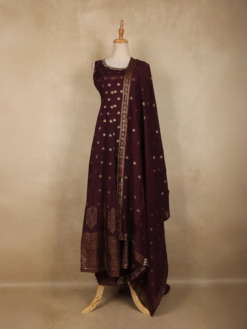 Wine Gold Butta Woven Design Banarasi Silk Palazzo Suit With Dupatta 1