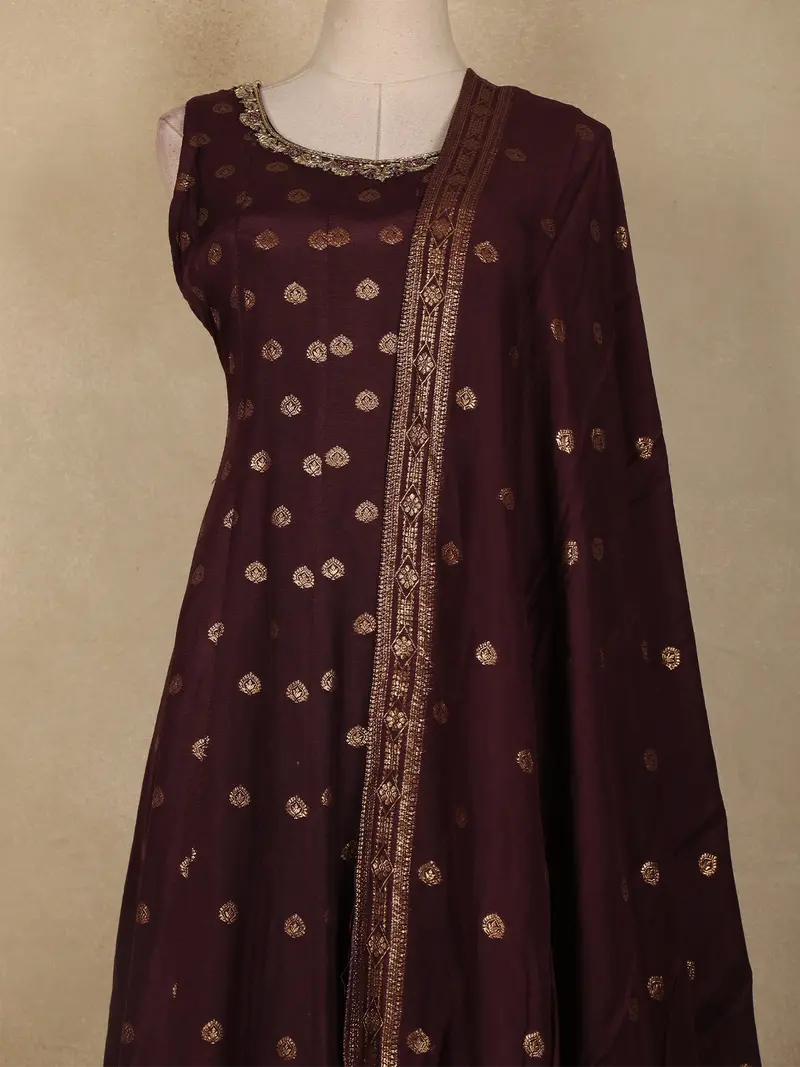 Wine Gold Butta Woven Design Banarasi Silk Palazzo Suit With Dupatta 2