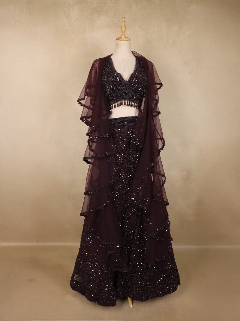 Wine Heavy Sequins And Beads Embroidered Design Net Mermaid Lehenga With Ruffle Dupatta 1