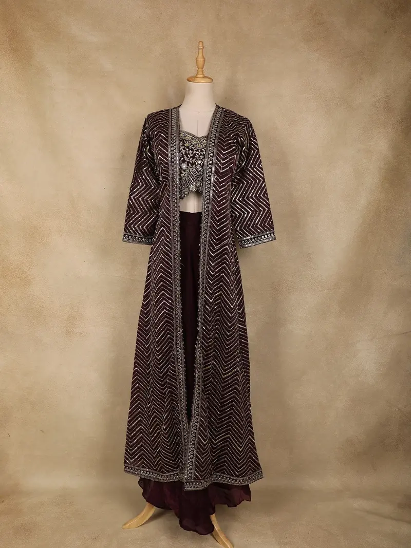 Wine Heavy Sequins And Zari Embroidered Design Crushed Indo Western Skirt Top With Long Jacket 1