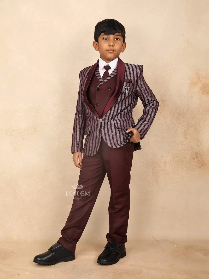 Wine Kids Coat Suit Adorned With Glitters And Stripes Design With Tie 1