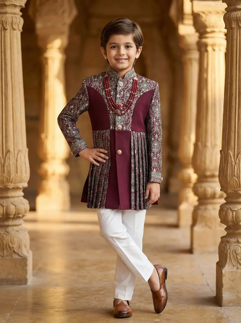 Wine Kids Sherwani Embellished With Sequins And Floral Design With Pearls Mala 1
