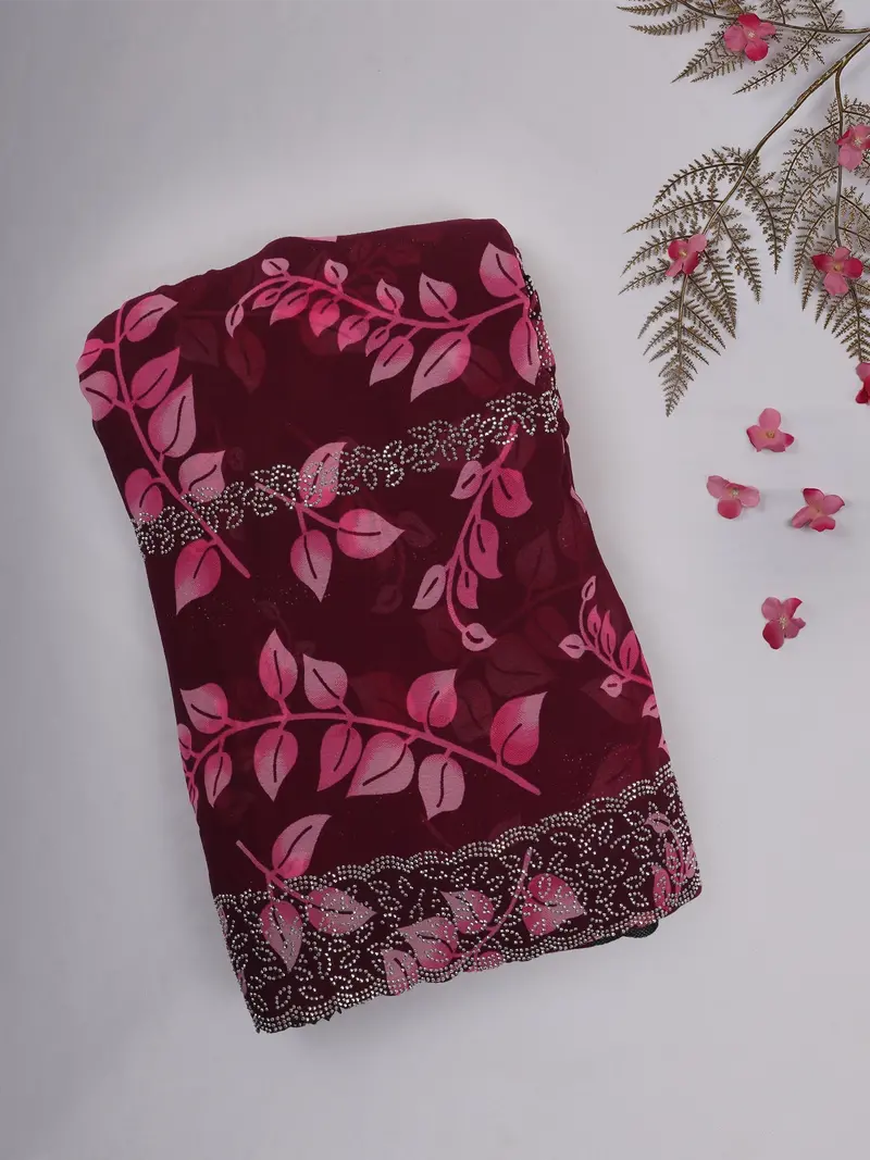 Wine Leaf Printed Design Chiffon Saree With Stone Embellished Border 1