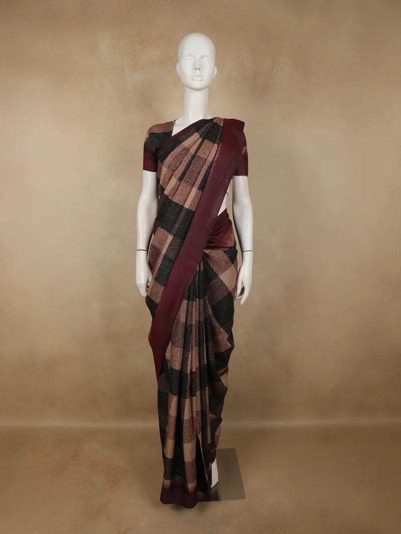 Wine Maroon Checked Woven Design Pure Tussar Saree With Woven Border 1