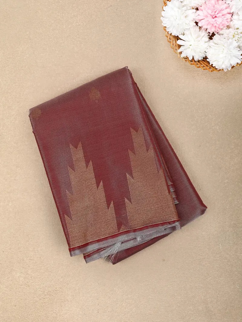 Wine Maroon Floral Butta Zari Woven Design Tissue Designer Saree With Temple Border 1
