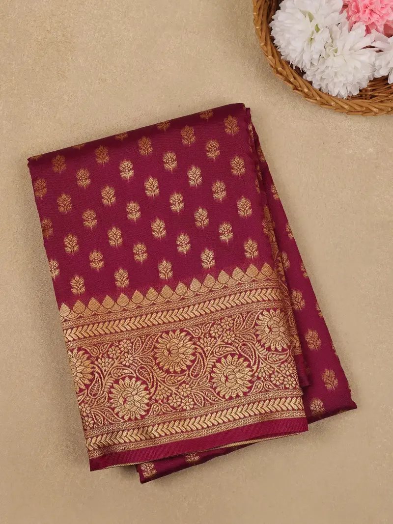 Wine Maroon Floral Design Silk Saree 1