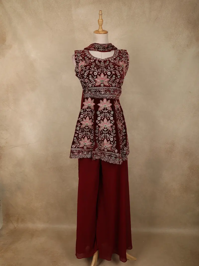 Wine Maroon Floral Embroidered Design Velvet Palazzo Suit With Dupatta 1