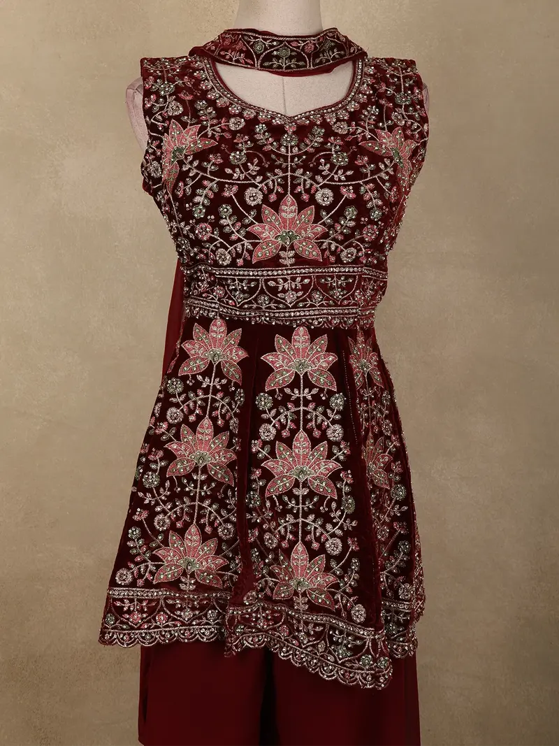Wine Maroon Floral Embroidered Design Velvet Palazzo Suit With Dupatta 2