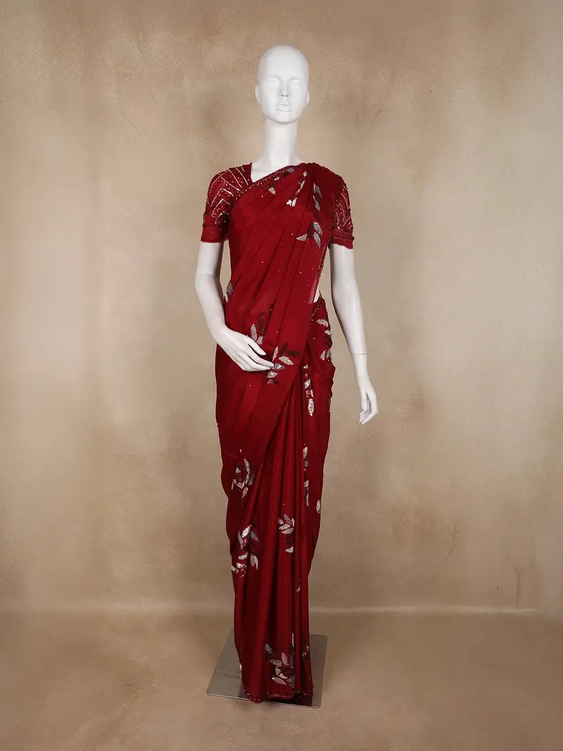 Wine Maroon Floral Leaf Sequins Design Chiffon Designer Saree 1