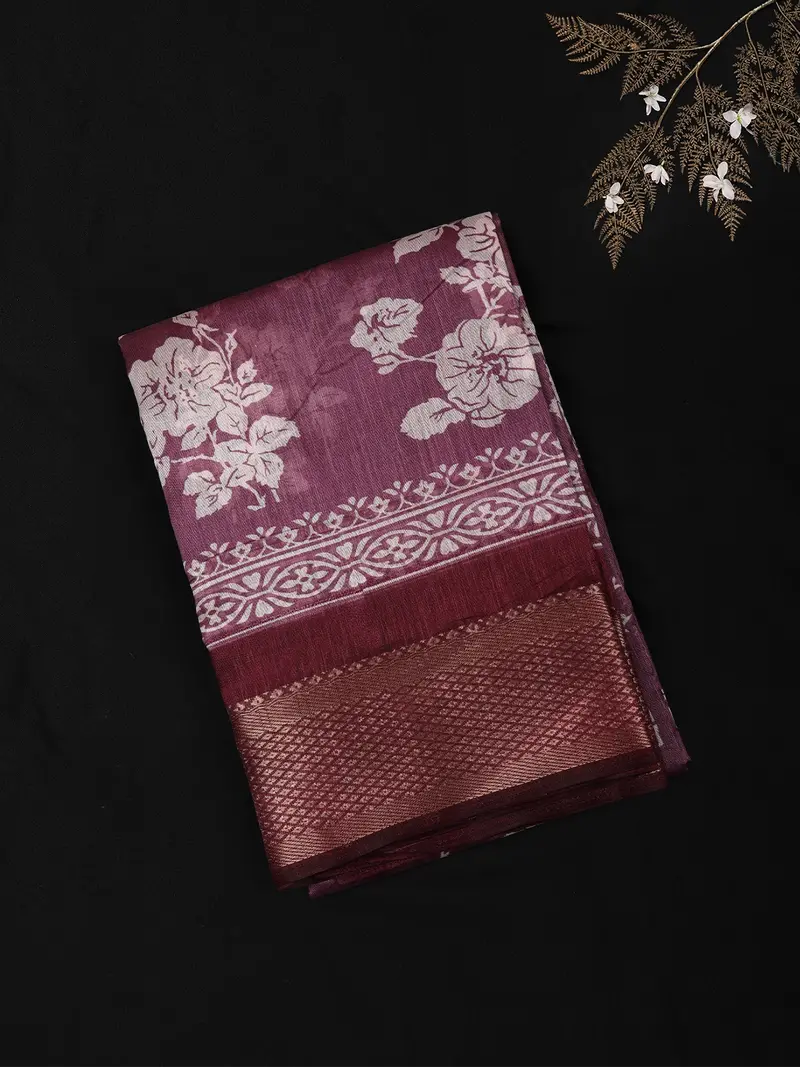 Wine Maroon Floral Printed Design Blended Cotton Saree With Zari Border 1