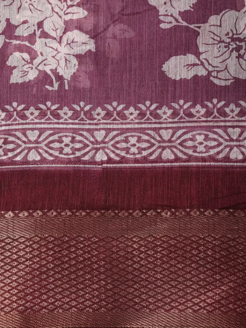 Wine Maroon Floral Printed Design Blended Cotton Saree With Zari Border 2