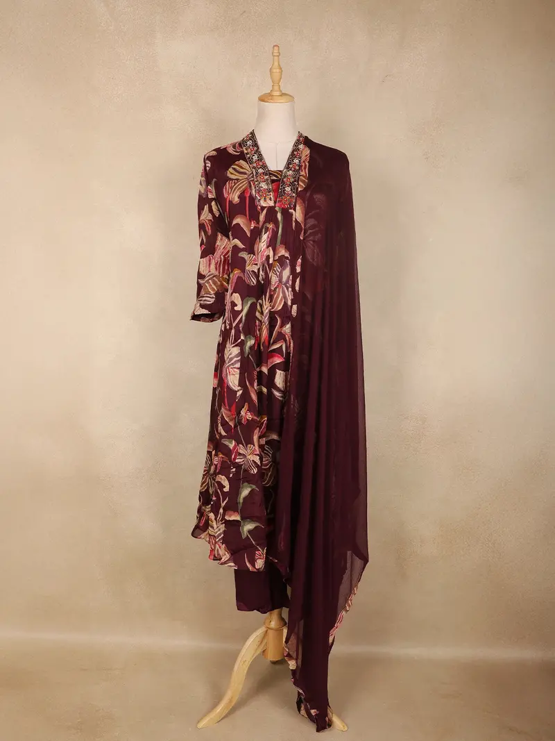 Wine Maroon Floral Printed Design Chiffon Silk Anarkali Salwar Suit With Dupatta 1