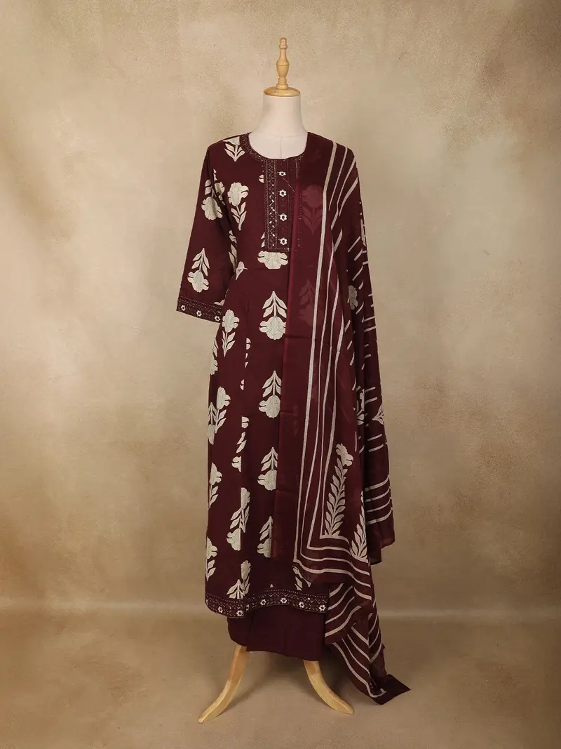 Wine Maroon Floral Printed Design Cotton Anarkali Salwar Suit With Dupatta 1
