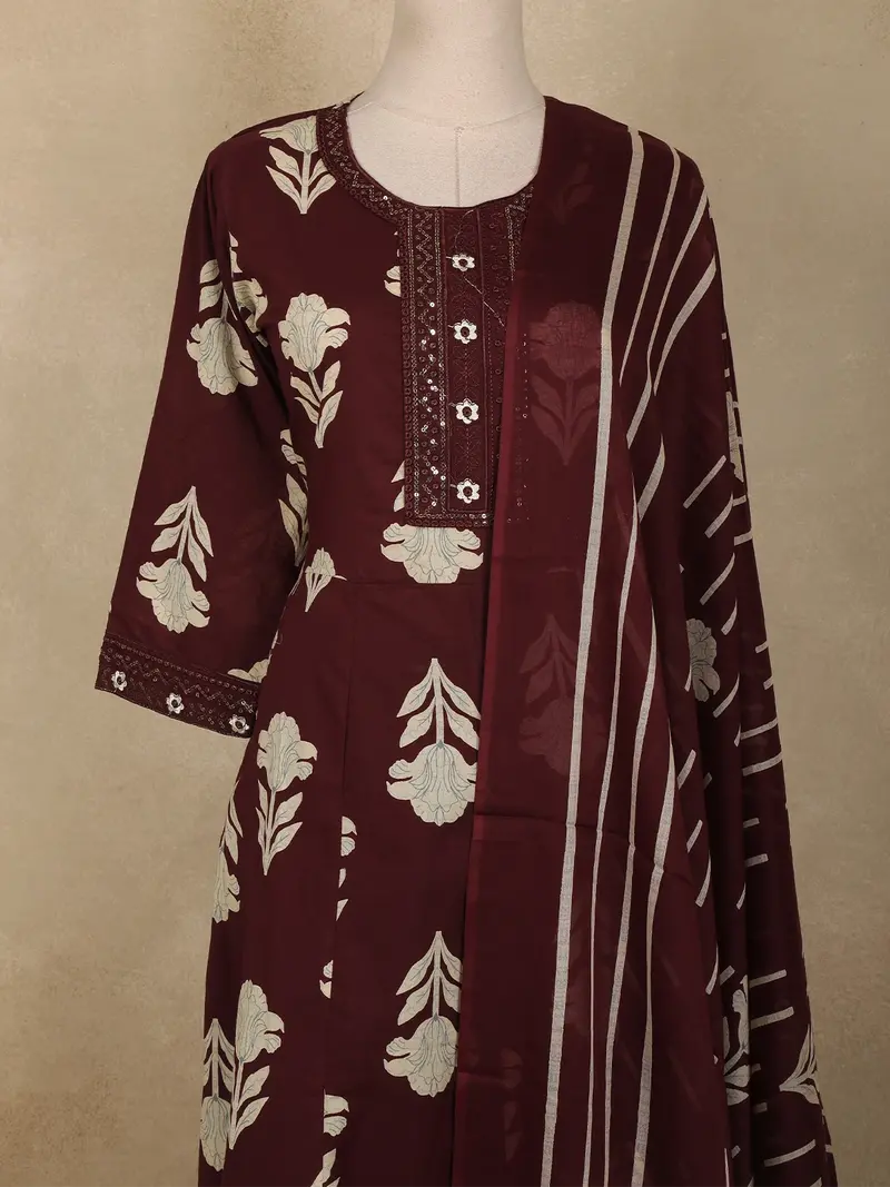 Wine Maroon Floral Printed Design Cotton Anarkali Salwar Suit With Dupatta 2