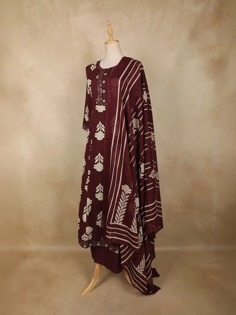 Wine Maroon Floral Printed Design Cotton Anarkali Salwar Suit With Dupatta 3