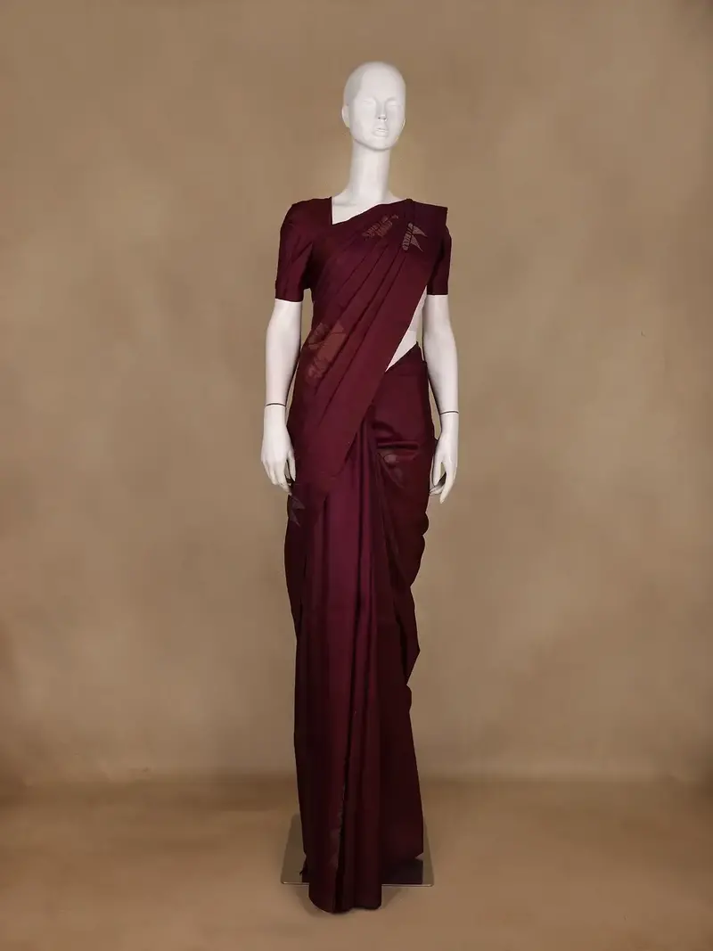 Wine Maroon Floral Woven Pure Kanchipuram Silk Saree 1