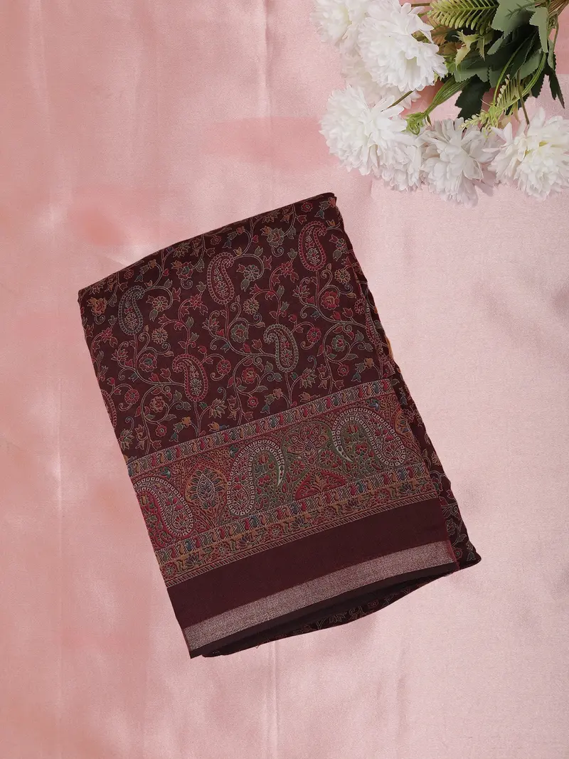 Wine Maroon Kalamkari Printed Design Mixed Silk Cotton Saree With Contrast Border 1
