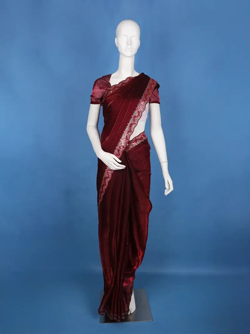 Wine Maroon Sequin Embellishment Organza Saree 1
