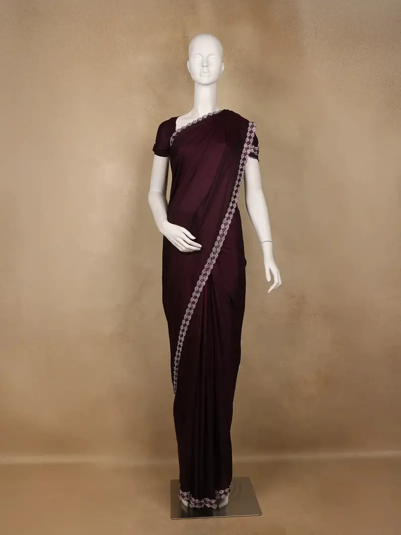 Wine Maroon Sequins Design  Satin Saree 1