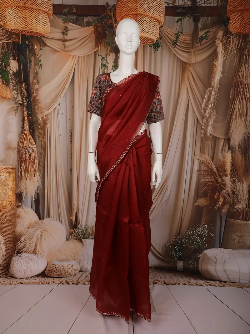 Wine Maroon Stone Embellished Design Tussar Fancy Saree With Kalamkari Blouse 1