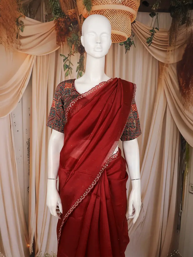 Wine Maroon Stone Embellished Design Tussar Fancy Saree With Kalamkari Blouse 2