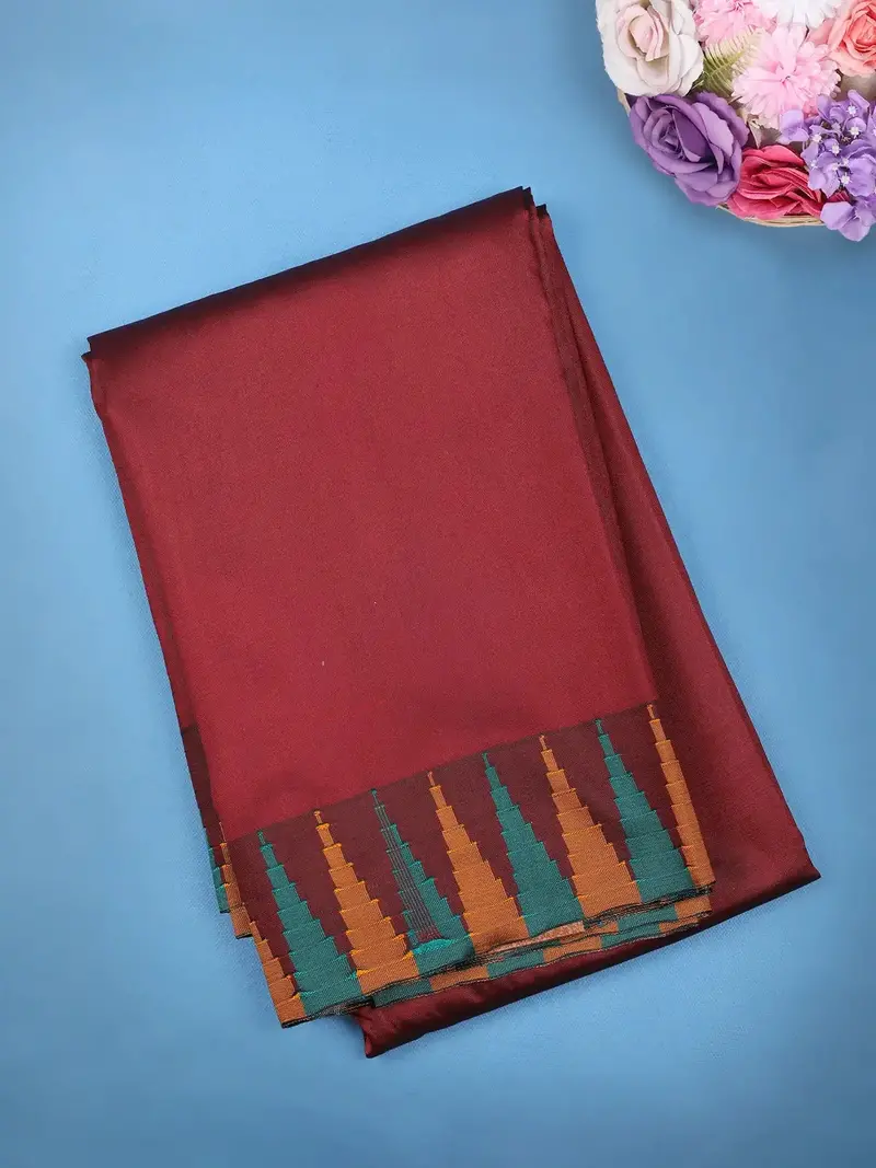 Wine Maroon Zig-Zag Design Border Soft Silk Saree 1