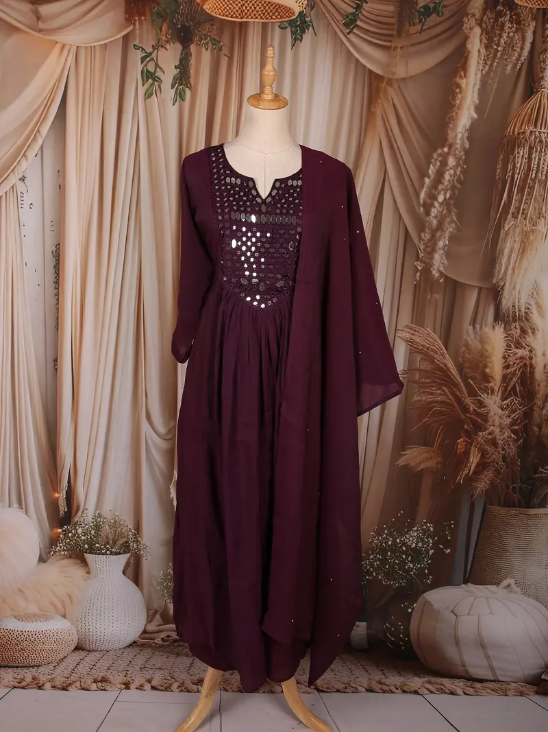 Wine Mirror Embroidered Cotton Anarkali Salwar Suit With Dupatta 1