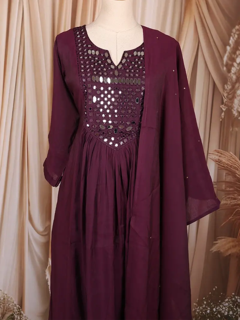 Wine Mirror Embroidered Cotton Anarkali Salwar Suit With Dupatta 2