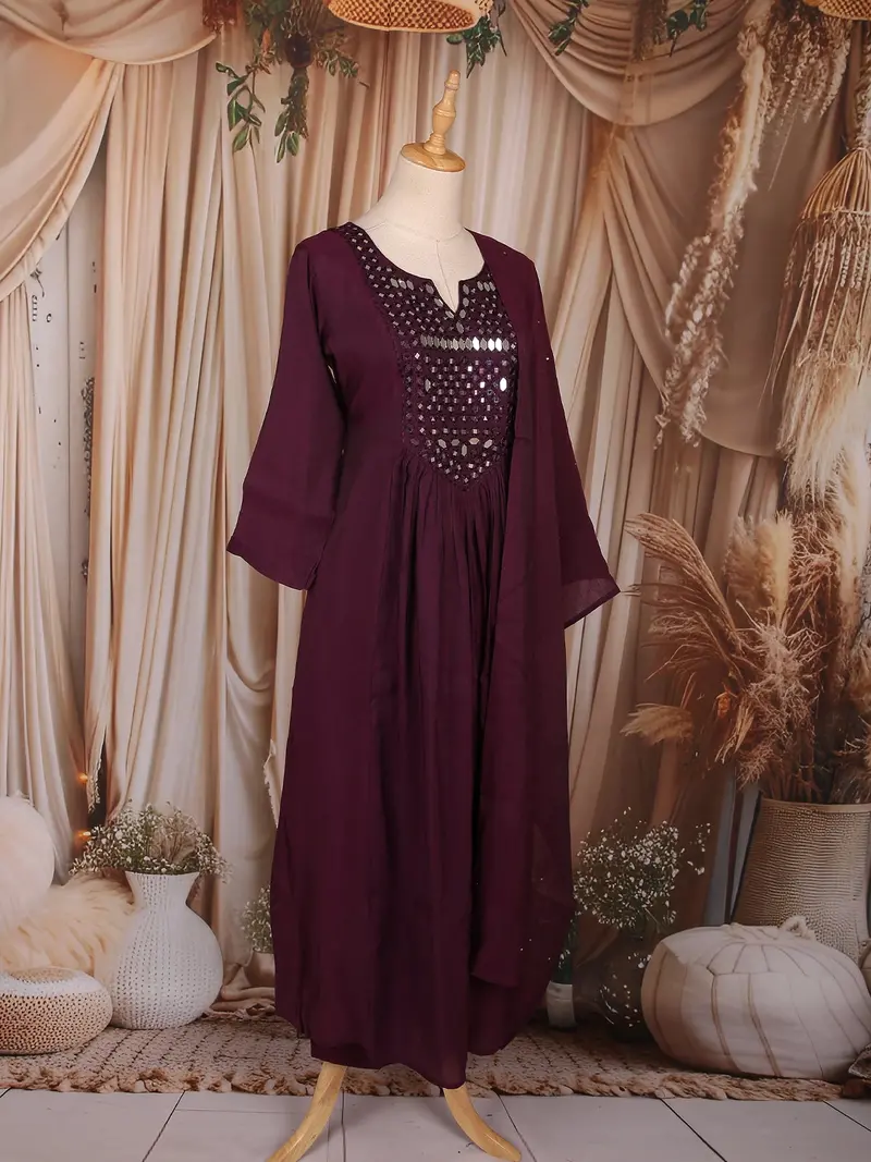 Wine Mirror Embroidered Cotton Anarkali Salwar Suit With Dupatta 4