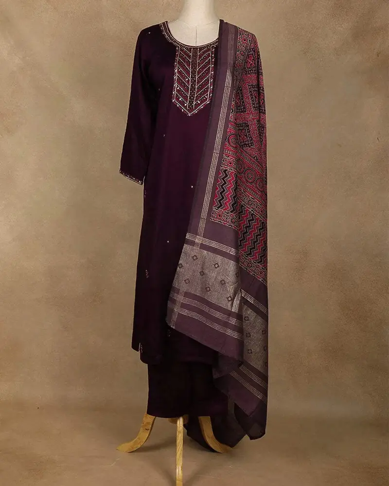 Wine Mirror Embroidered Straight Cut Salwar Suit 1