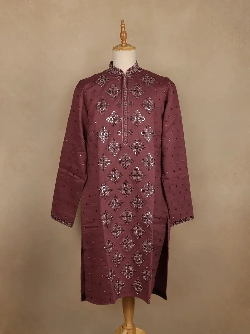 Wine Mirror Work Embroidered Cotton Kurta For Men 1