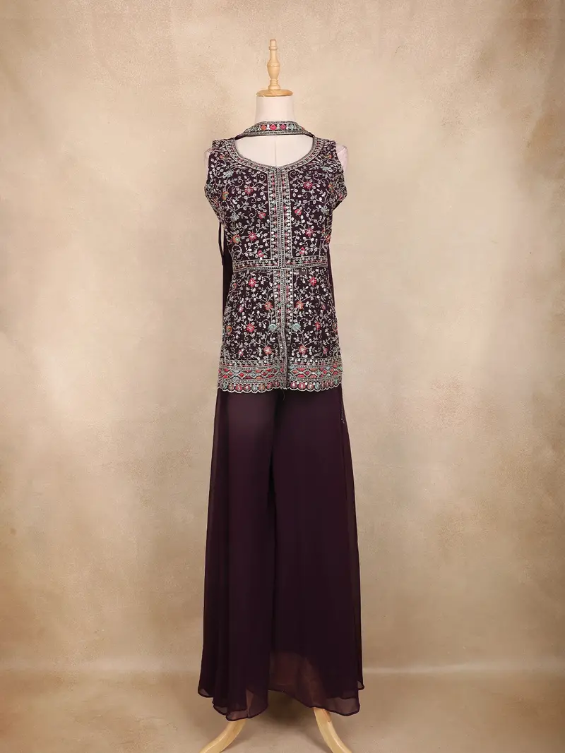 Wine Multicolor Floral Embroidered Georgette Peplum Palazzo Suit With Choker Dupatta 1