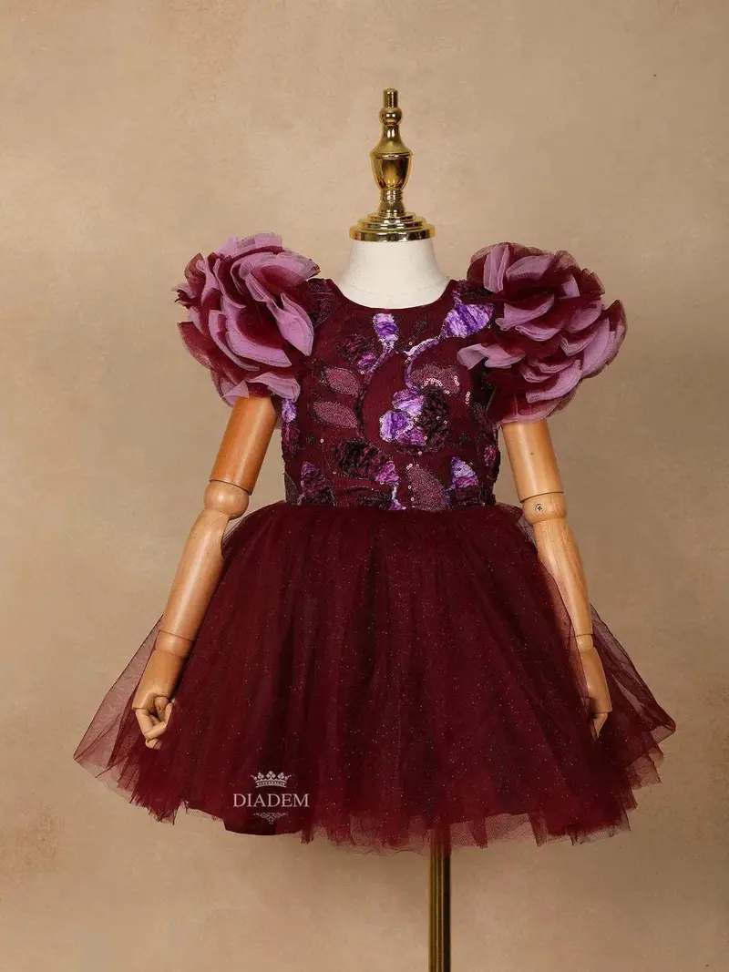 Wine Net Ball Gown Embellished With Floral Sequins And Ruffle Sleeves 1
